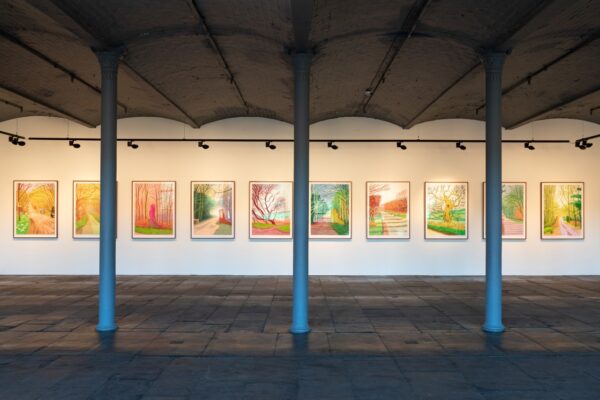 A series of artworks in an exhibition space. The colourful artwroks are in frames hung on a white wall. There are pillars in the centre of the room and light shining on the artworks.