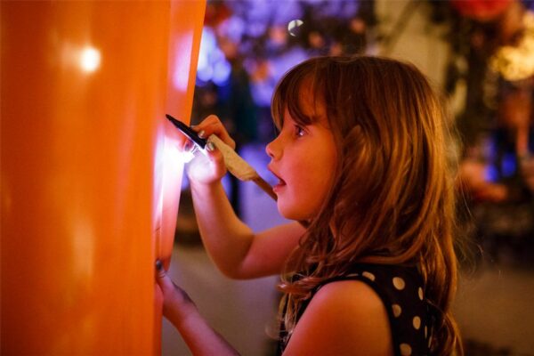 A young girl with an excited expression uses a paintbrush.