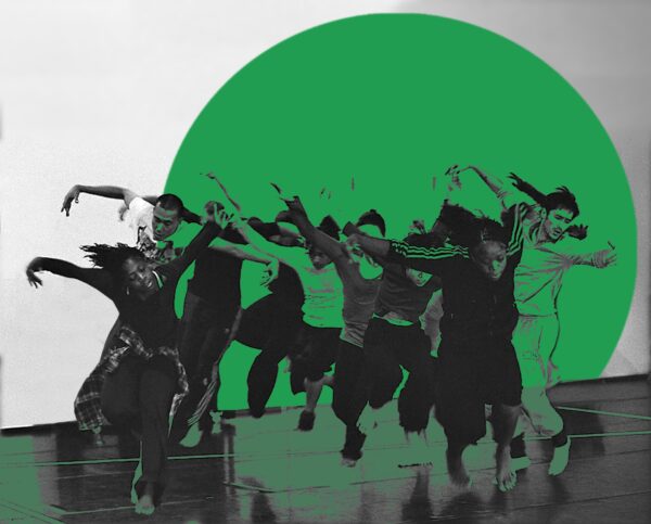 A treated image of a group of dancers mid jump. The figures are in black and white with a green circle behind them.