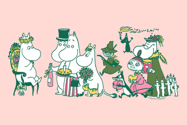 A group of Moomin characters against a pink background.