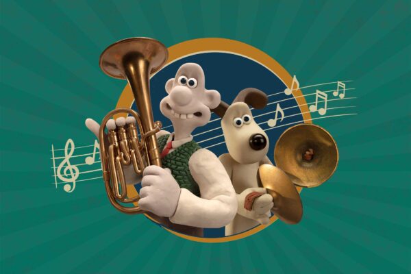 Animated characters Wallace & Gromit hold instruments, against a background with musical notes.