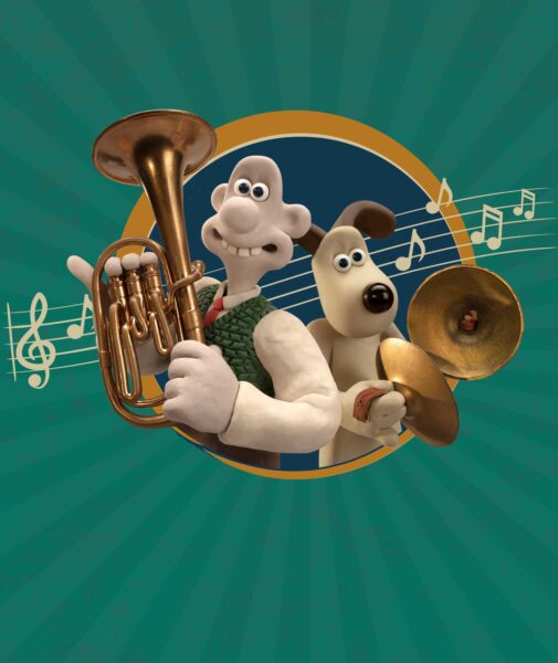 Animated characters Wallace & Gromit hold instruments, against a background with musical notes.