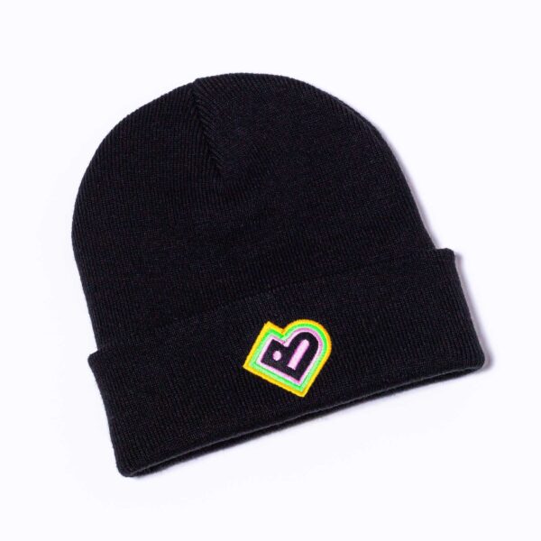 A black beanie hat on a white background. The hat has a Bradford 2025 heart symbol on the front.