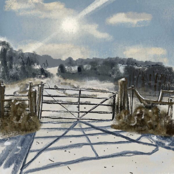 A drawing of a closed gate in a snowy field