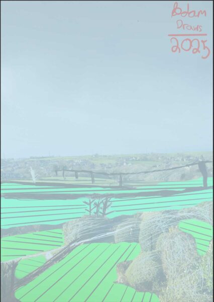 Drawing of the country side, light grey sky and a digital green sketch over green areas