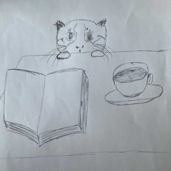 Pencil drawing of an open book on a table with a cup of tea and a a cat peering at the end of the table