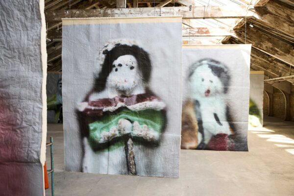 Giant hanging fabric images of feves
