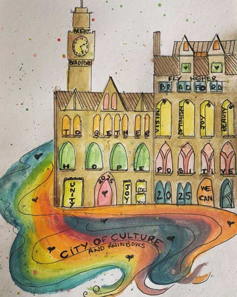 Drawing of church with colourful windows and a rainbow path around the bottom of the church