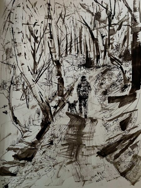 Black and white drawing of a man walking his dog in the woods