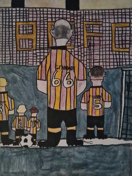 A drawing of the back view of a Grandad and four other men wearing Bradford City gold and burgundy football shirts, on a football ground