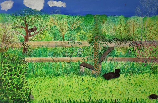 A vibrant green painting of an outdoor scene with lush grass and bushes. A wooden fence runs across the middle, with a cat up in a tree and a black cat sitting on the ground beside a hedgehog.