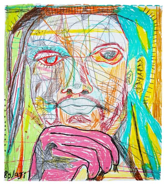 Multicoloured abstract sketch of a face close up, resting on their knuckles with a green and yellow background.