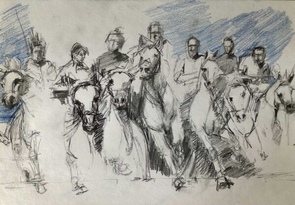 Black pencil sketch of multiple men on horses with a blue sketched background