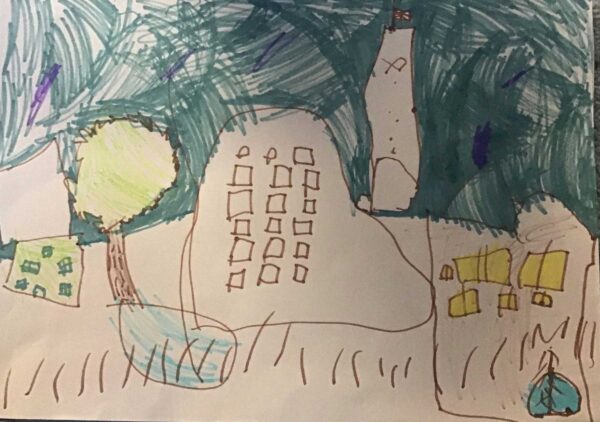 Childrens drawing of a house, buildings and a tree with a pond