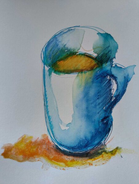 Water colour painting of a cup of tea in a blue mug