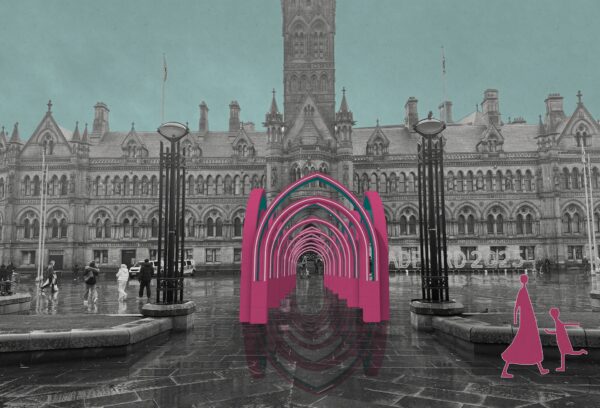 A mock up image of The Ramadan Pavilion, which includes pink arches that sit in-front of Bradford's City Hall.