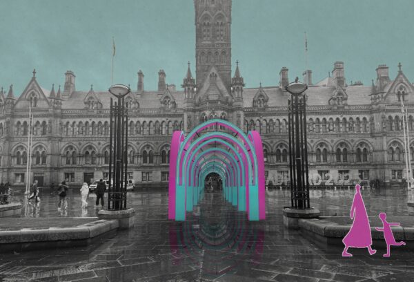 A mock up image of The Ramadan Pavilion, which includes blue and pink arches that sit in-front of Bradford's City Hall.