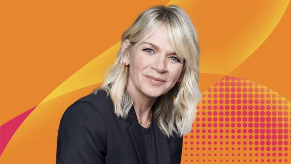 BBC Radio 2 graphic using orange textured graphic and a headshot of Zoe Ball - a blonde woman wearing a black top, smiling at the camera.