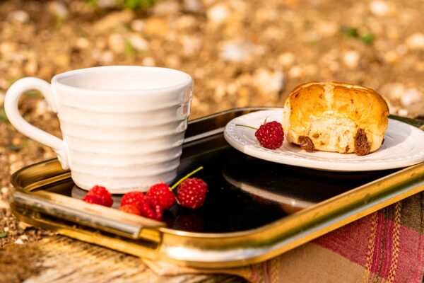 A mug and plate with a scone on it sit on a tray in a garden