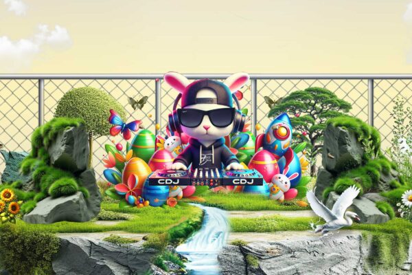 A cartoon bunny wearing sunglasses and headphones djs surrounded by a park