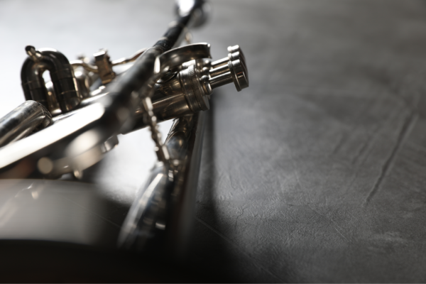 A grey scale image - a silver trumpet sits on a grey surface.