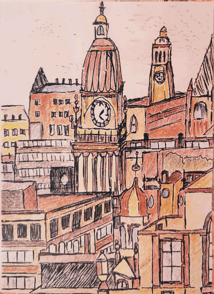 Drawing of a city hall clock and the cities skyline