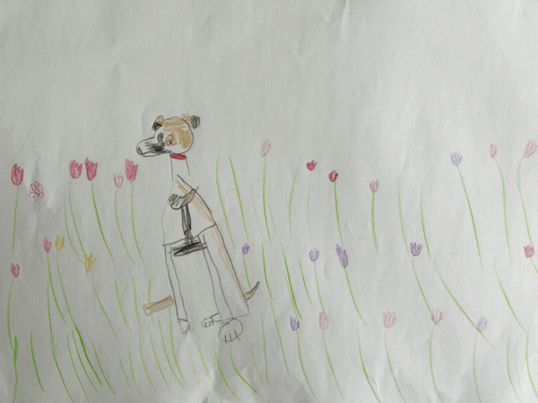 Drawing of a dog in a field of flowers
