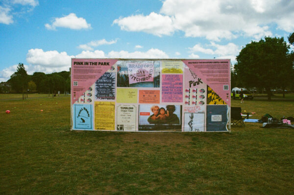 A film photo of some interpretation signage that explains the history of 'Pink in the Park'.