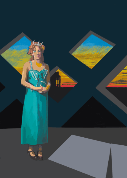 Drawing of a lady in a blue dress stood infront of a a few small windows