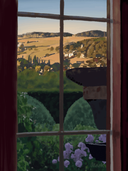 A drawing of a view through a window, of gardens and a sunset