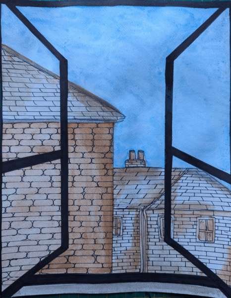 Drawing of a window open, with brick buildings in the way of the view