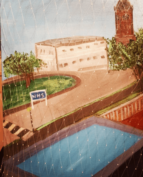 Drawing of a road and pool, from an above window