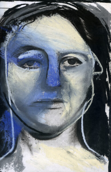 An illustration of a woman's face using black, blue and white.