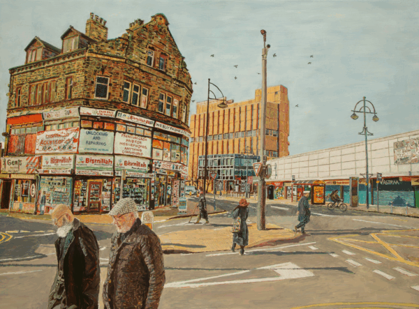 Drawing of a town centre and people walking around the streets