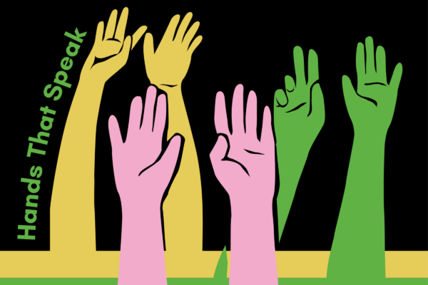 cartoon hands in the air, in the colours green, pink and yellow