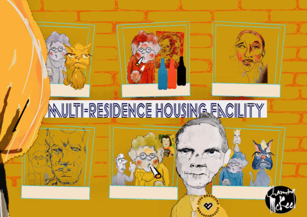 Drawing of different people hanging out of their home windows
