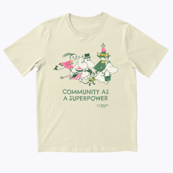 A white t shirt with Moomin characters. Text on the t shirt reads 'Community as a superpower'