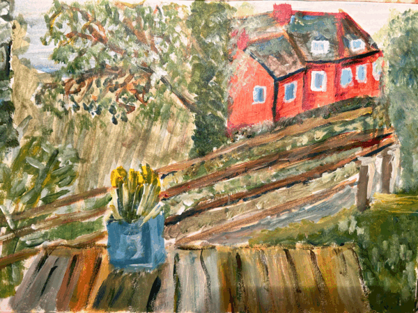 Painting of a plant sat on an outside wall