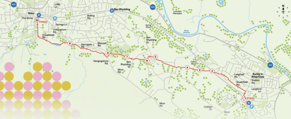 Burley in Wharfdale to Ilkley walk route on a map