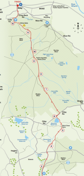 Saltaire to Ilkley walk map route