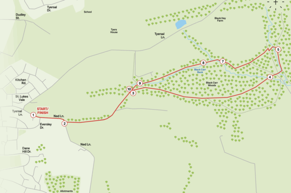 Walking map route around Black Carr Woods