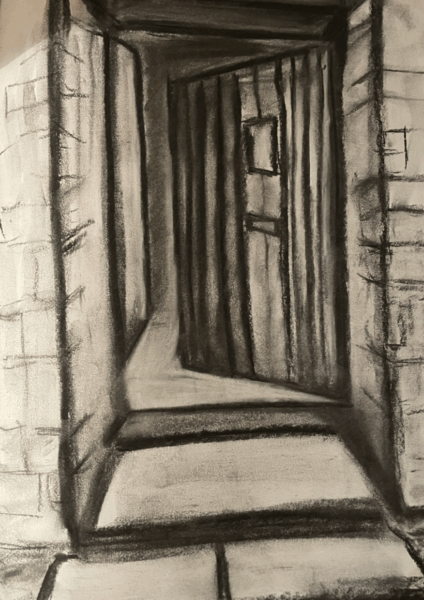 Black and white drawing of a front door and doorstep