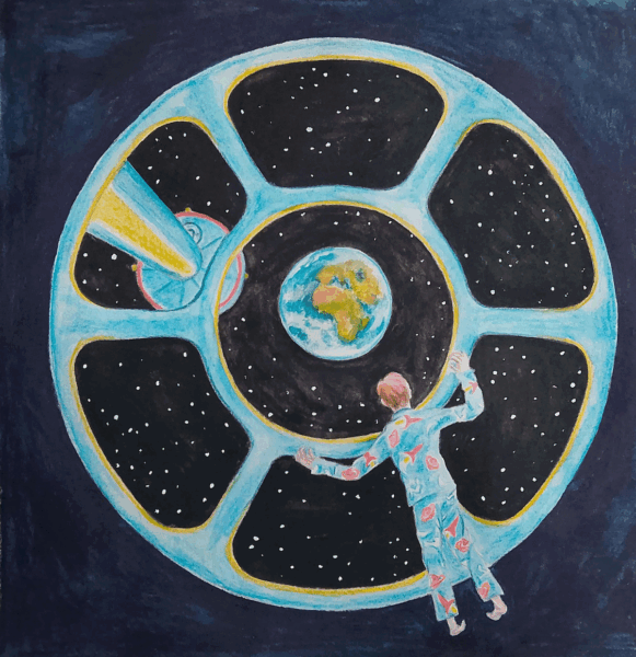 drawing og a young boy in pyjamas looking at the earth from space from a large round window