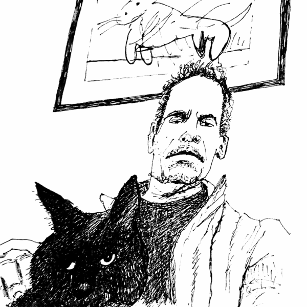 Sketch of a man sat with his cat