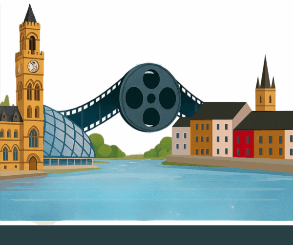Film tape in the middle of an image of london, the river and buildings