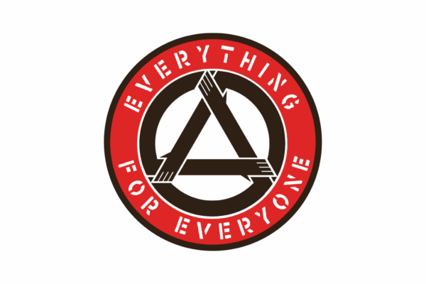 A red and black circle logo with white text: Everything for Everyone - and three interlocking arms making a triangle in the centre