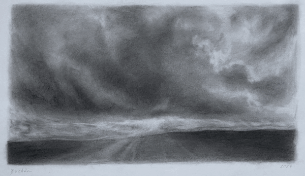Black and white drawing of a cloudy road