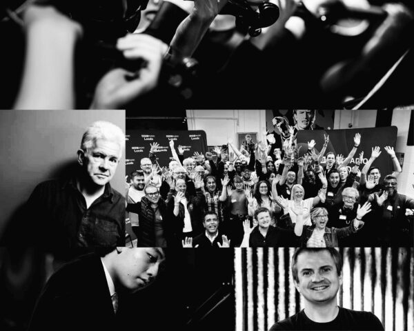 A black and white photo collage with Ian McMillan, the BBC’s Bantam of the Opera Choir, and Ben Crick.