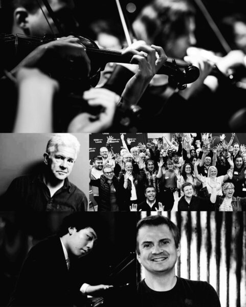 A black and white photo collage with Ian McMillan, the BBC’s Bantam of the Opera Choir, and Ben Crick.