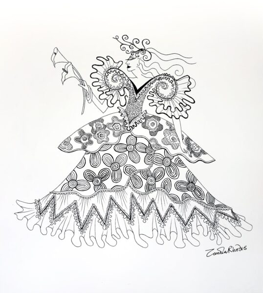 A black and white pencil drawing of intricate patterns, by Dame Zandra Rhodes.